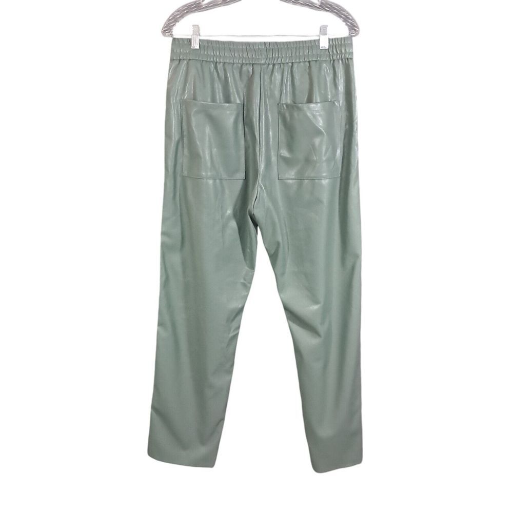Zara Pants Women Medium Green Wide Leg Faux Leather Raw Hem Elastic Waist Office - Picture 2 of 12
